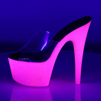 Pleaser ADORE-701UVG Clear / Neon Hot Pink Glitter Glitter Platform Mules - 7 Inch Heels