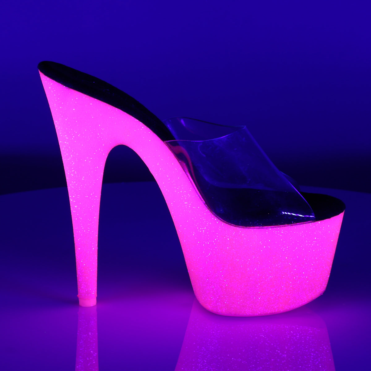 Pleaser ADORE-701UVG Clear / Neon Hot Pink Glitter Glitter Platform Mules - 7 Inch Heels