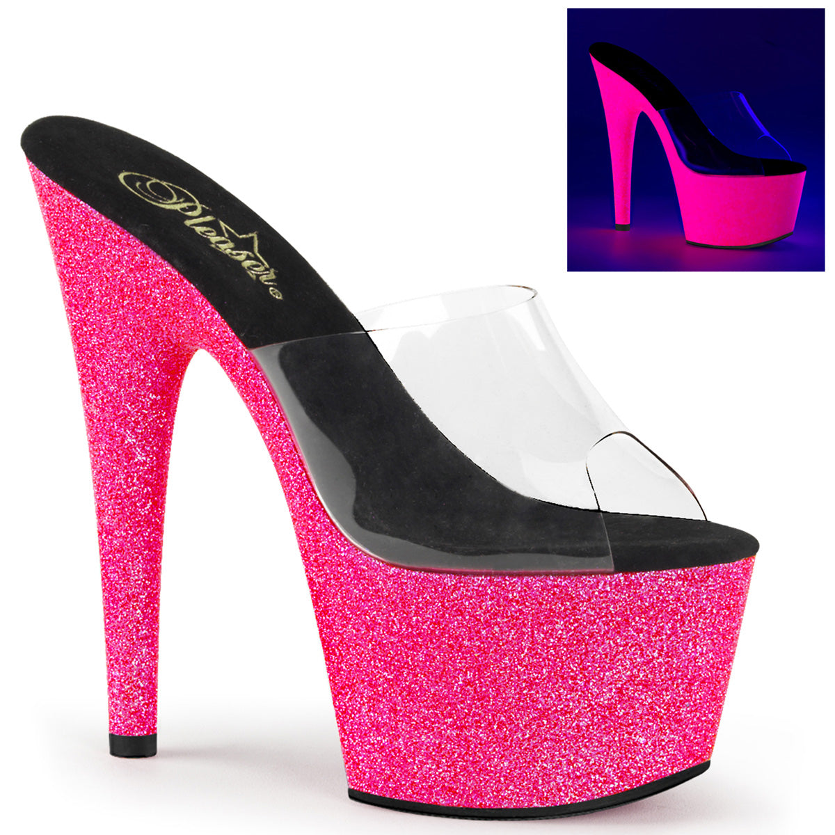 Pleaser ADORE-701UVG Clear / Neon Hot Pink Glitter Glitter Platform Mules - 7 Inch Heels