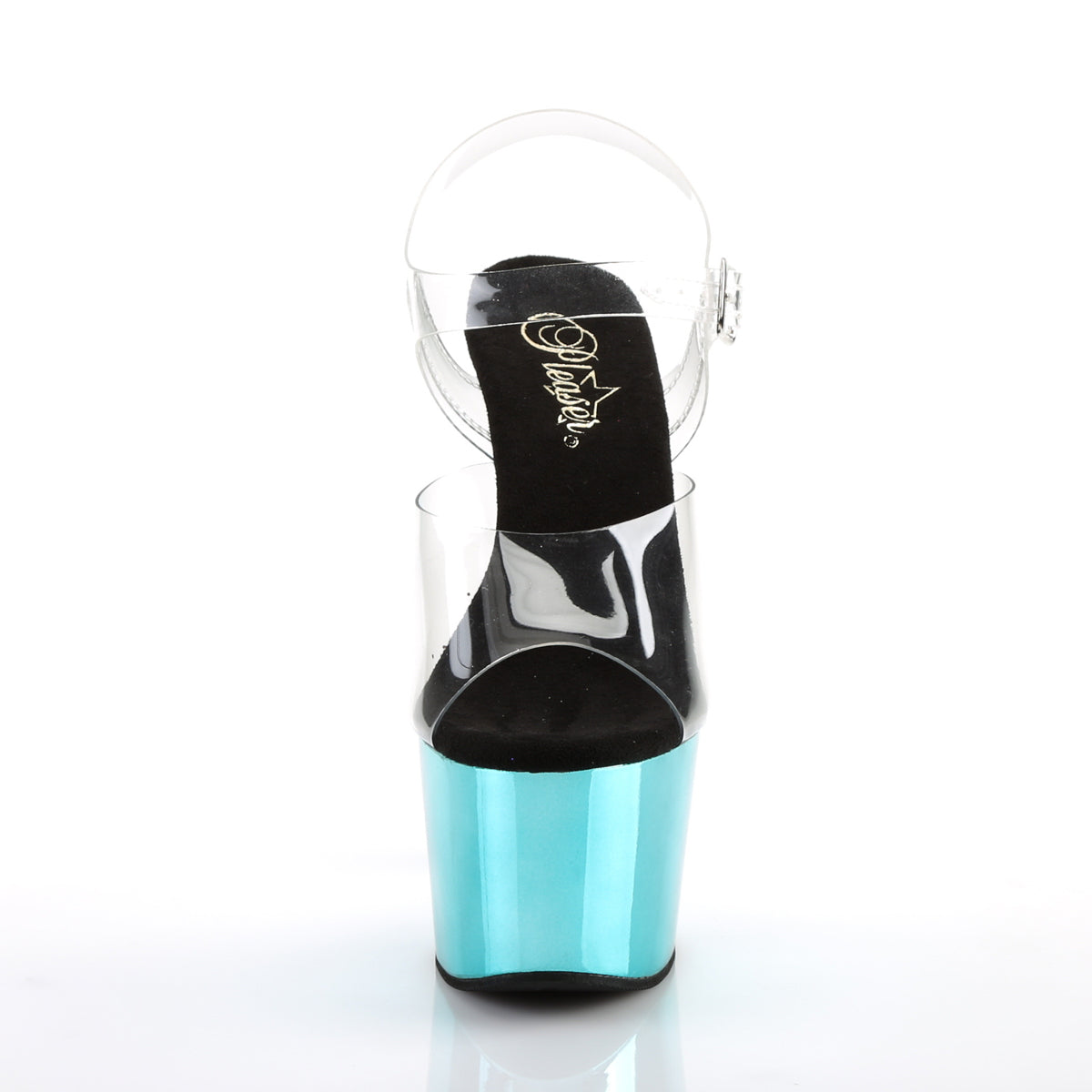 Pleaser ADORE-708 Clear / Turquoise Chrome Platform Sandals - 7 Inch Heels