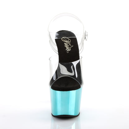 Pleaser ADORE-708 Clear / Turquoise Chrome Platform Sandals - 7 Inch Heels