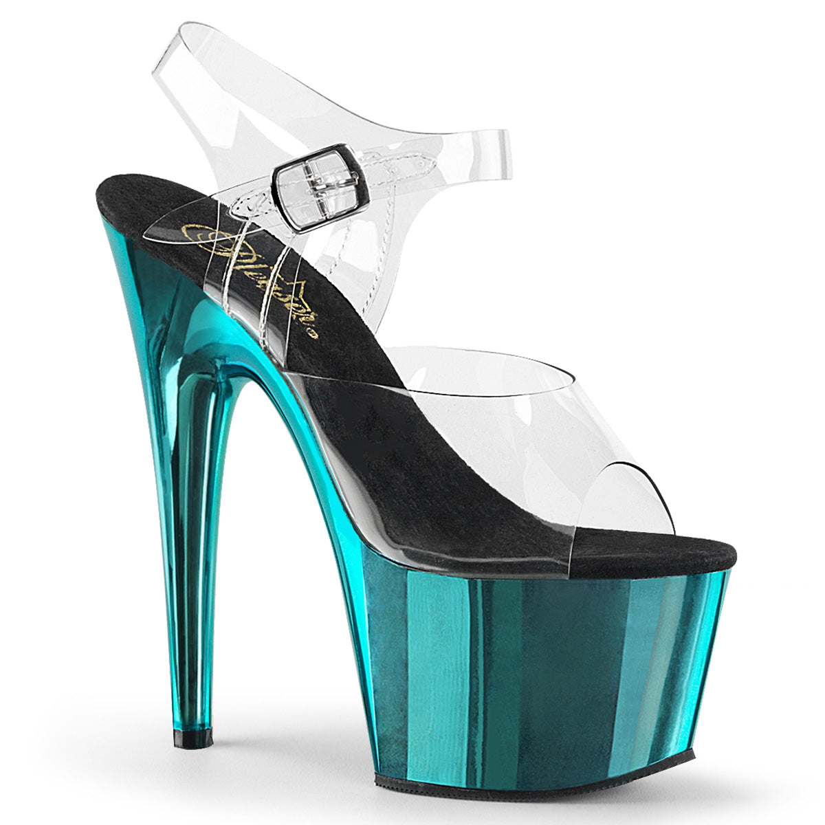 Pleaser ADORE-708 Clear / Turquoise Chrome Platform Sandals - 7 Inch Heels
