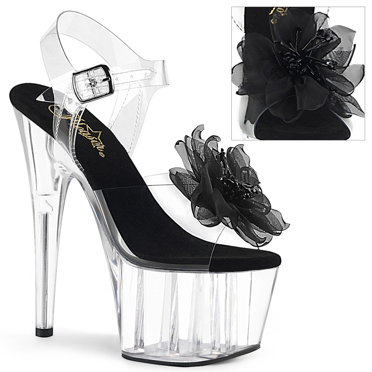 ADORE-708BFL Pleaser 7 Inch Heel Black Flower Pole Dancing Heels
