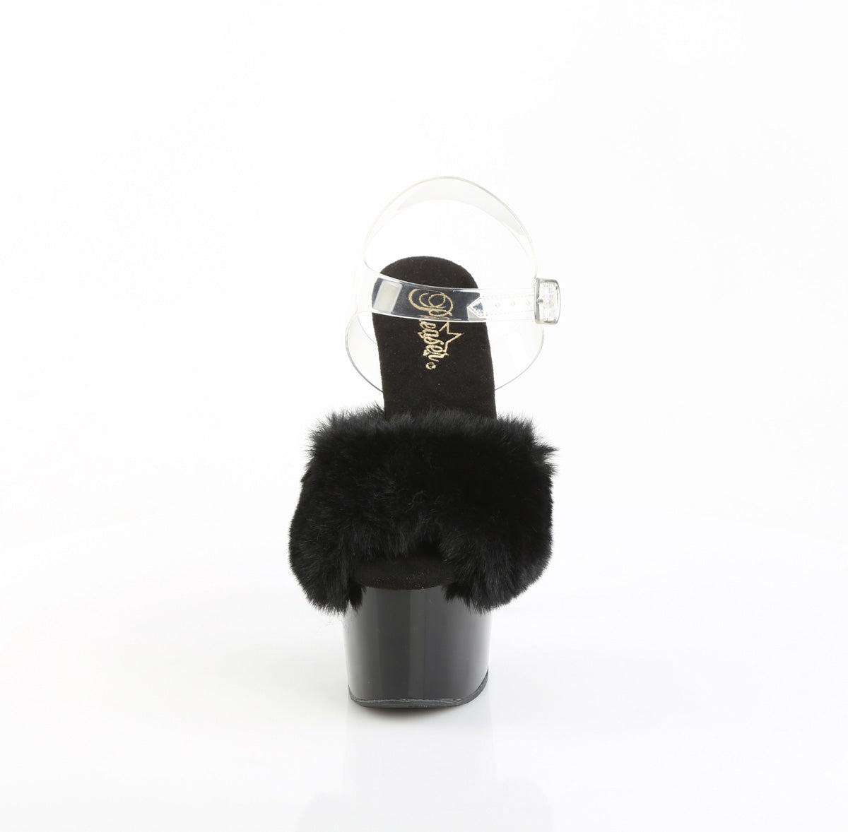 Pleaser ADORE-708FUR Black Faux Fur-Clear / Black Peep Toe Platform Sandals - 7 Inch Heels