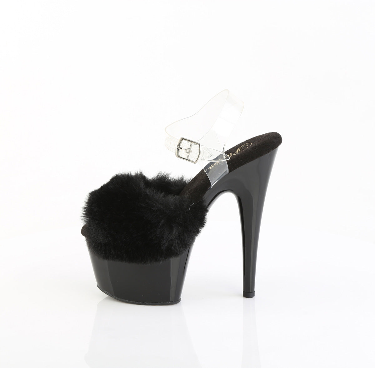 Pleaser ADORE-708FUR Black Faux Fur-Clear / Black Peep Toe Platform Sandals - 7 Inch Heels