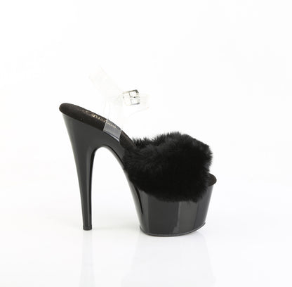 Pleaser ADORE-708FUR Black Faux Fur-Clear / Black Peep Toe Platform Sandals - 7 Inch Heels