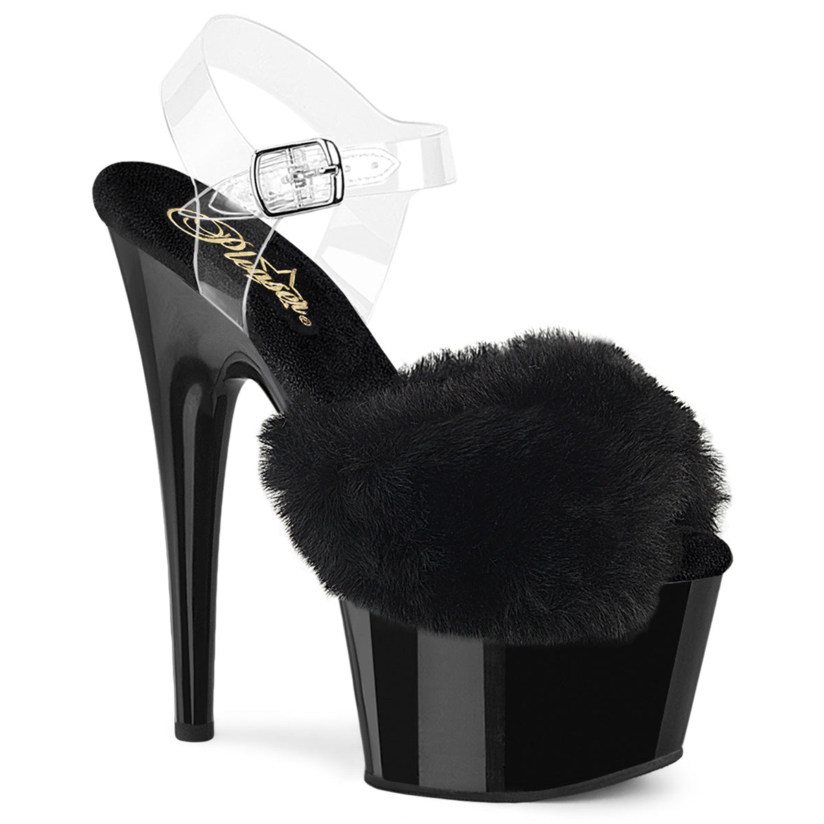 Pleaser ADORE-708FUR Black Faux Fur-Clear / Black Peep Toe Platform Sandals - 7 Inch Heels