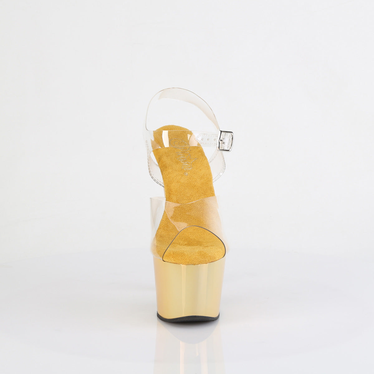 Pleaser ADORE-708LQ Clear / Liquid Gold Holographic Platform Sandals - 7 Inch Heels
