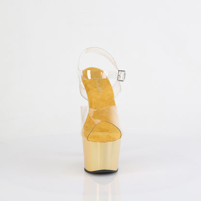 Pleaser ADORE-708LQ Clear / Liquid Gold Holographic Platform Sandals - 7 Inch Heels