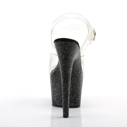 Pleaser ADORE-708MG Clear / Black Glitter Platform Sandals - 7 Inch Heels