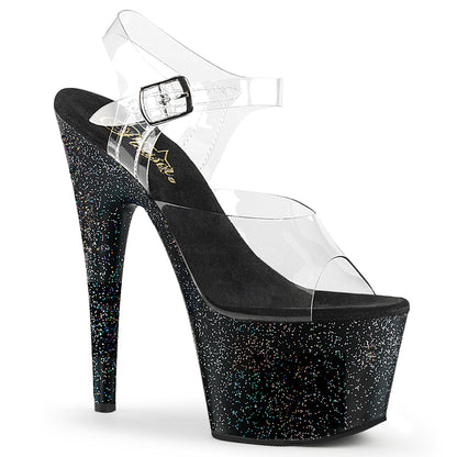 Pleaser ADORE-708MG Clear / Black Glitter Platform Sandals - 7 Inch Heels
