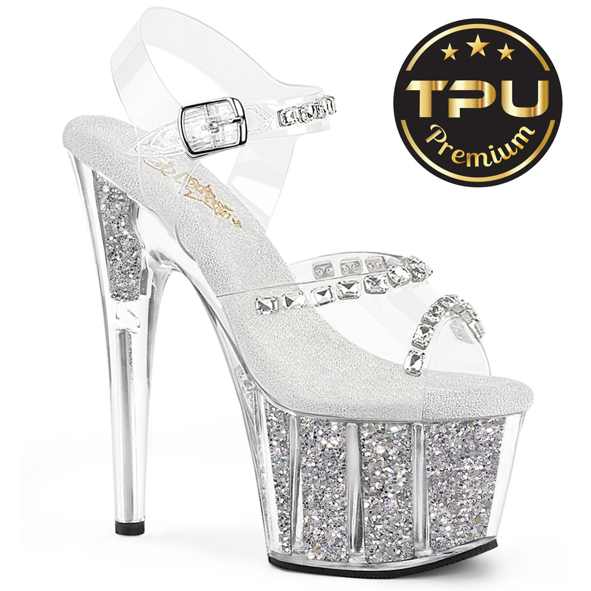 ADORE-708PREM-STNG Pleaser Clear Silver 7 Inch Pole Heels Platform Shoes