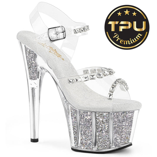 ADORE-708PREM-STNG Pleaser Clear Silver 7 Inch Pole Heels Platform Shoes