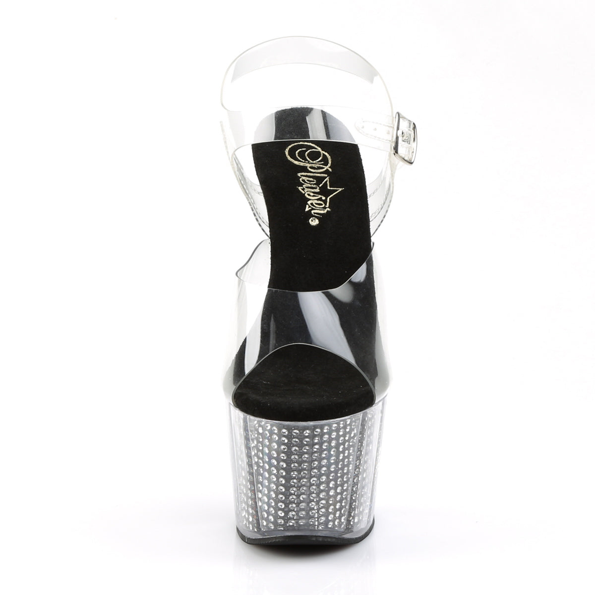 Pleaser ADORE-708SRS Clear / Black Simulated Rhinestones Rhinestone Platform Sandals - 7 Inch Heels