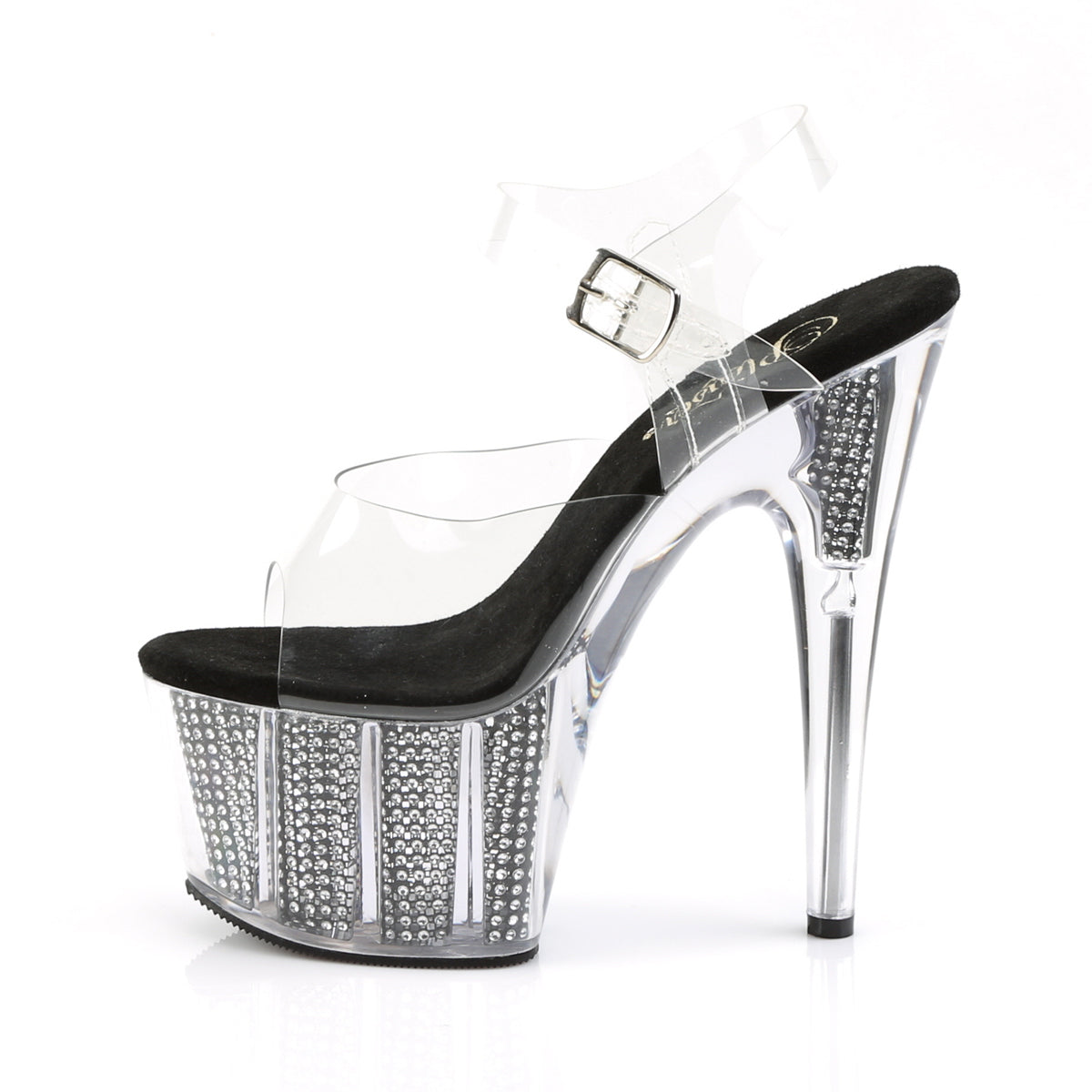 Pleaser ADORE-708SRS Clear / Black Simulated Rhinestones Rhinestone Platform Sandals - 7 Inch Heels