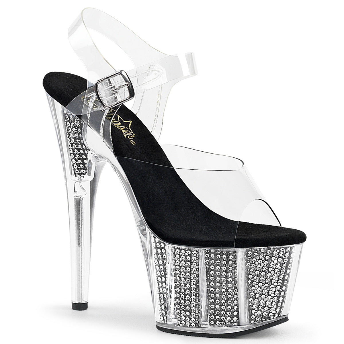 Pleaser ADORE-708SRS Clear / Black Simulated Rhinestones Rhinestone Platform Sandals - 7 Inch Heels