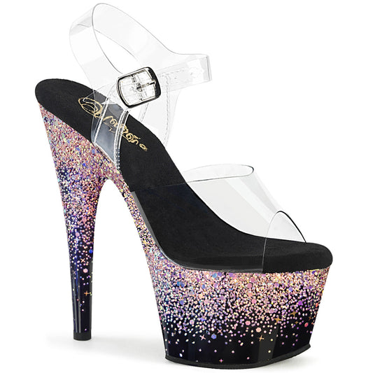 ADORE-708SS Pleaser Clear Black 7 Inch Pole Dancer Platform Shoes Clr Blk-Dusty Blush Multi Glitter