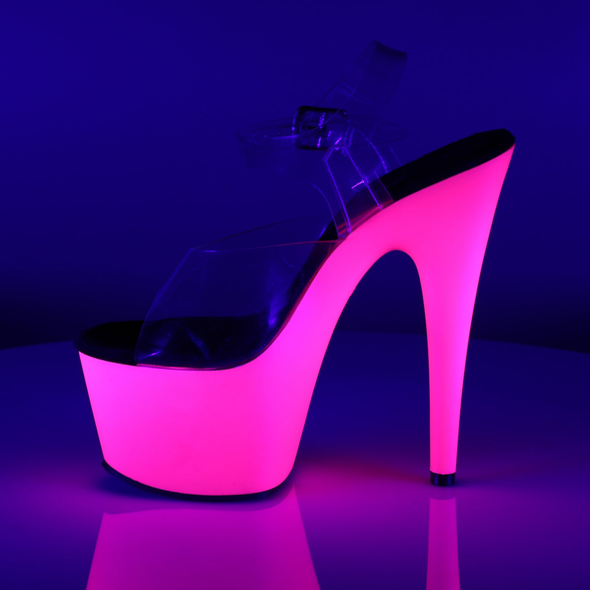 Pleaser ADORE-708UV Clear / Neon Pink Platform Sandals - 7 Inch Heels