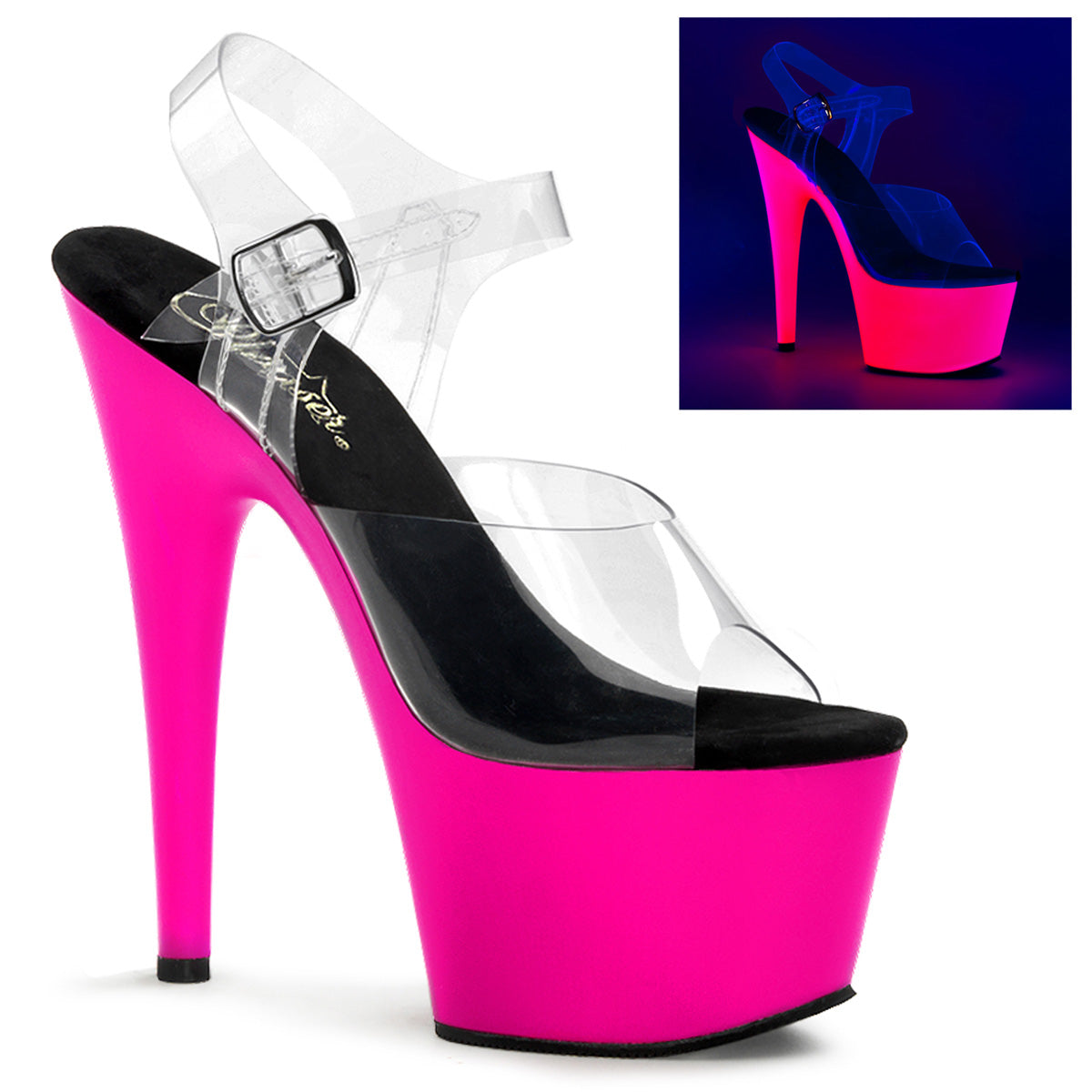 Pleaser ADORE-708UV Clear / Neon Pink Platform Sandals - 7 Inch Heels