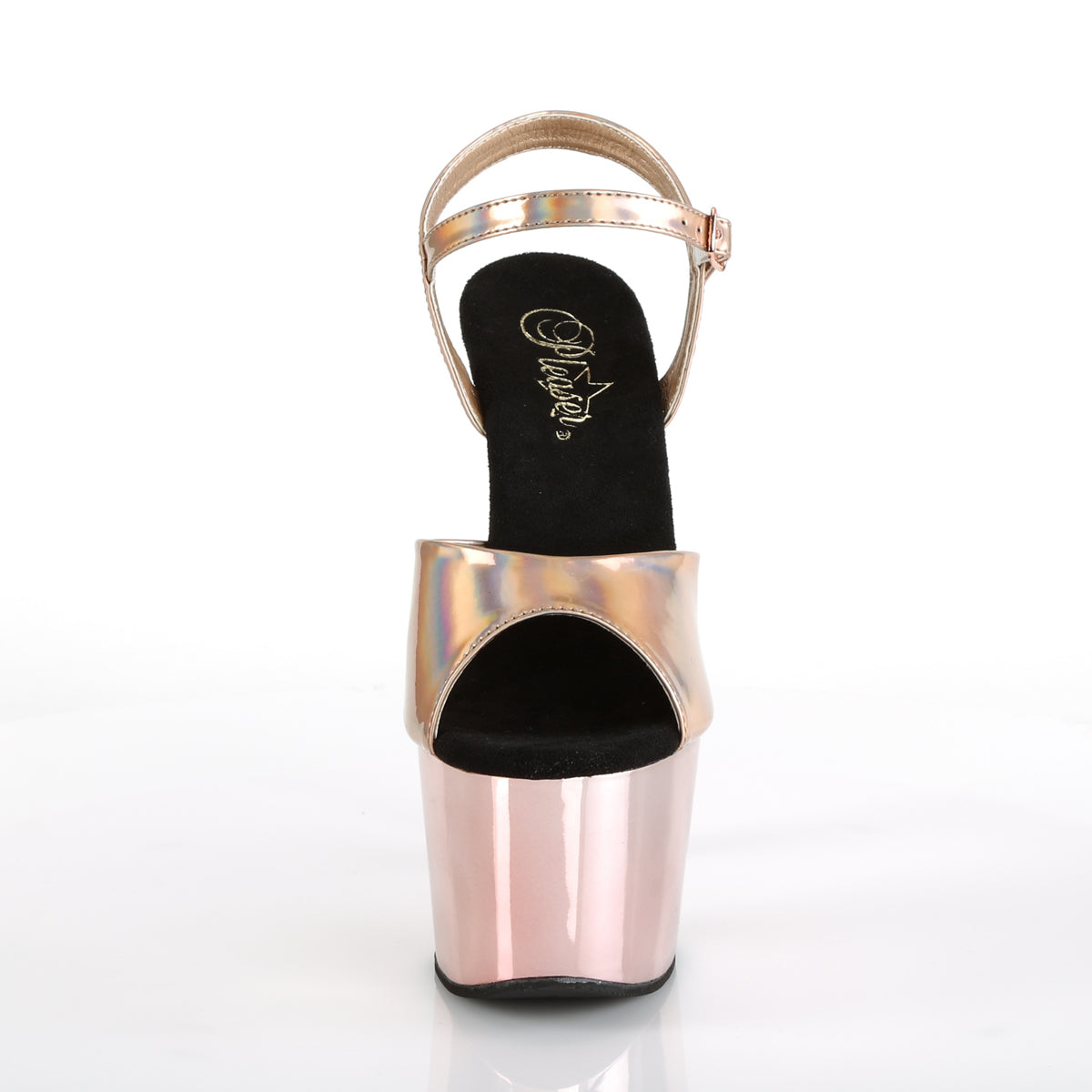 Pleaser ADORE-709HGCH Rose Gold Holographic / Rose Gold Chrome Platform Sandals - 7 Inch Heels