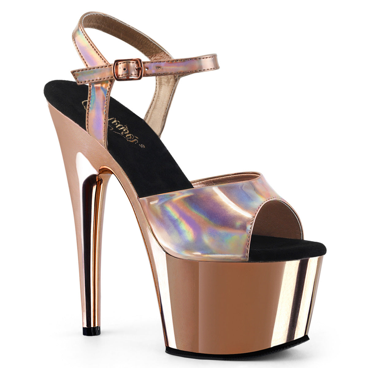 Pleaser ADORE-709HGCH Rose Gold Holographic / Rose Gold Chrome Platform Sandals - 7 Inch Heels