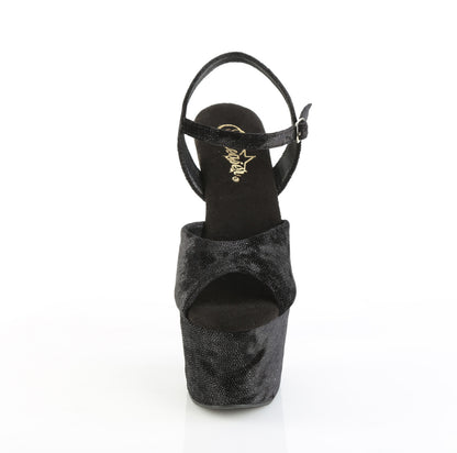 Pleaser ADORE-709WR Black Shimmering Fabric / Black Platform Sandals - 7 Inch Heels