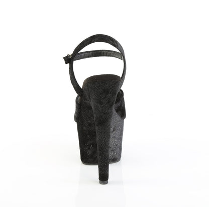 Pleaser ADORE-709WR Black Shimmering Fabric / Black Platform Sandals - 7 Inch Heels