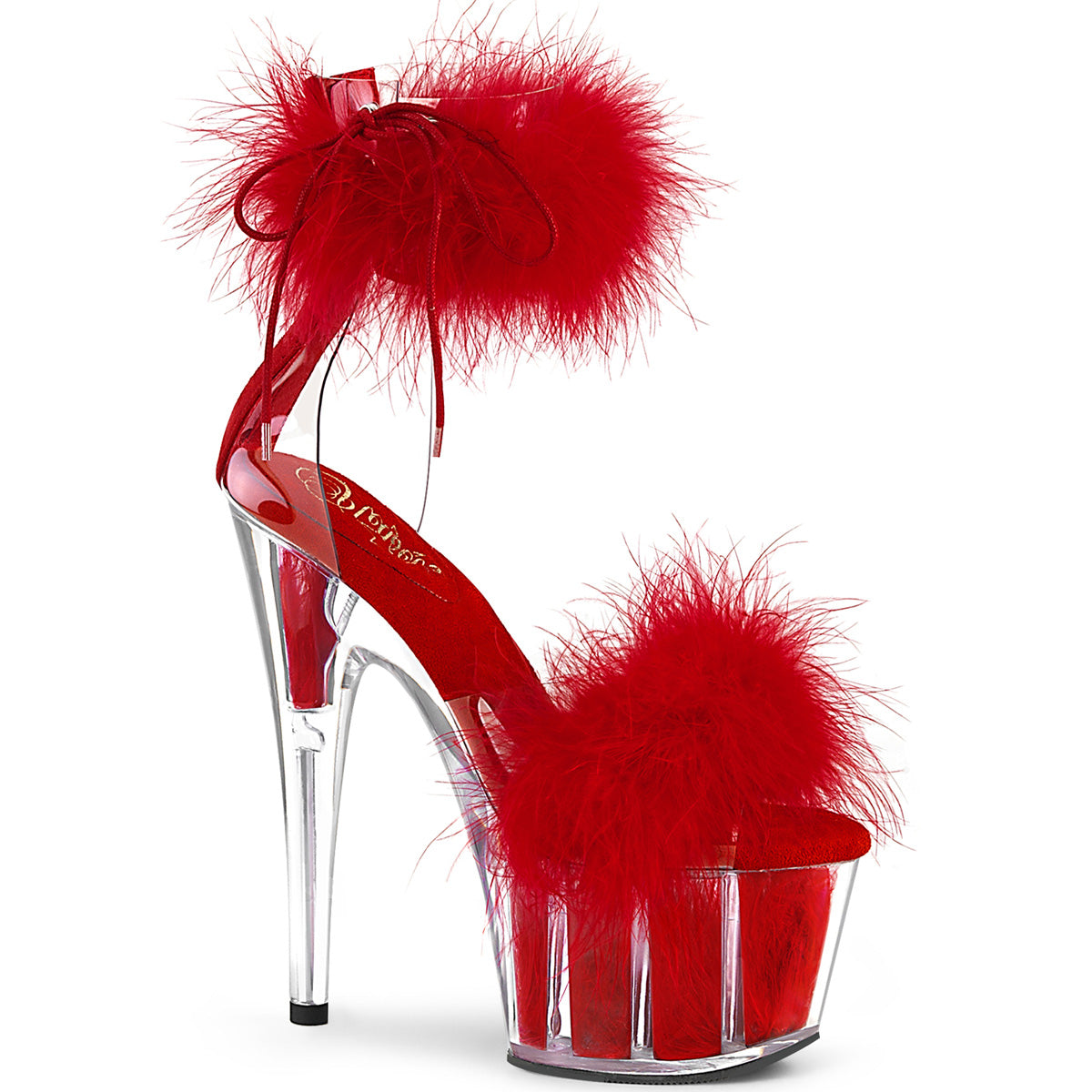 ADORE-724F Pleaser Red 7 Inch Lap Dance Platform Shoes Clear-Red Fur Red Fur