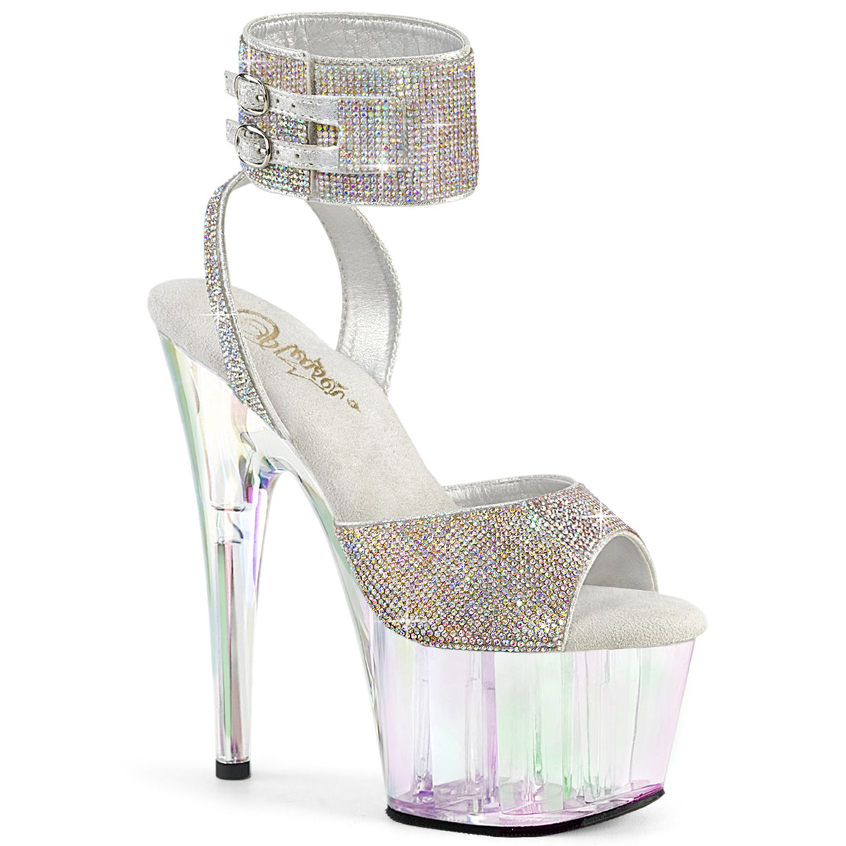 Pleaser ADORE-791HTRS Silver Aurora Borealis Rhinestones / Holographic Tinted Rhinestone Platform Sandals - 7 Inch Heels