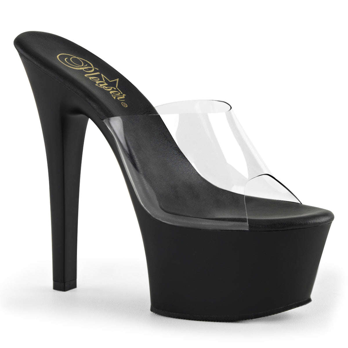 Pleaser ASPIRE-601 Clear / Black Matte Platform Mules - 6 Inch Heels