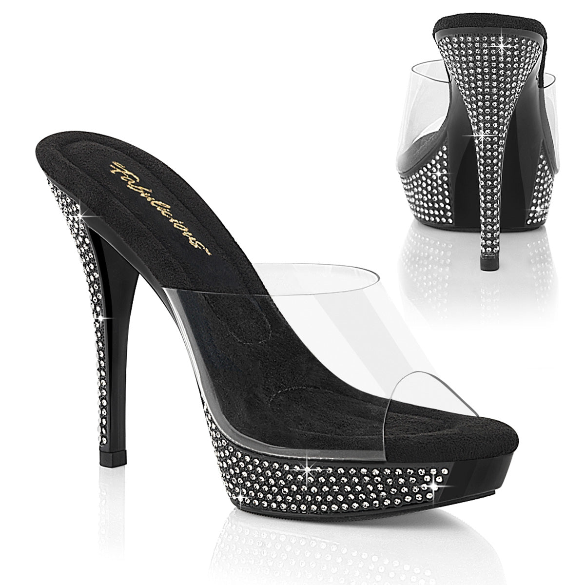 Fabulicious ATHENA-501 Clear/Black Rhinestone Platform Mules - 5 Inch Heels