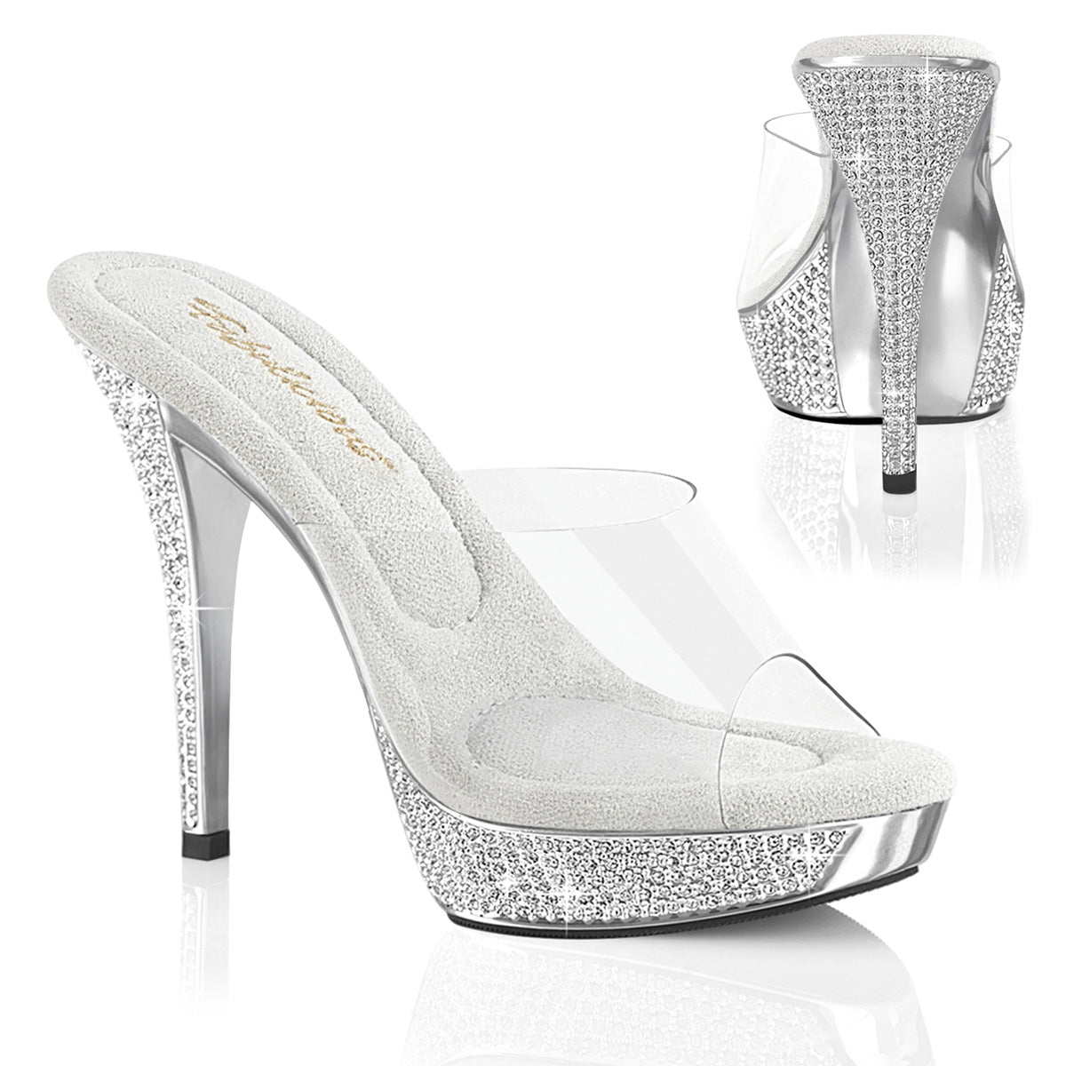 Fabulicious ATHENA-501 Clear/Silver Chrome Rhinestone Platform Mules - 5 Inch Heels