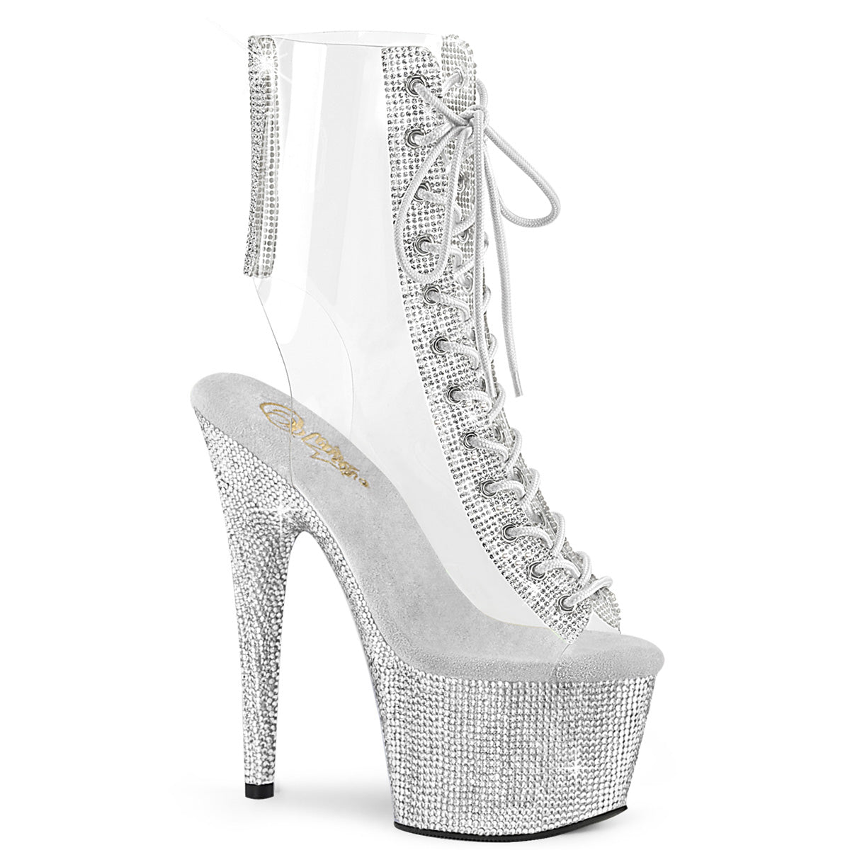 BEJEWELED-1016C-2-7 Pleaser Clear 7 Inch Bling Strippers Platform Boots Clr-RS Slv RS