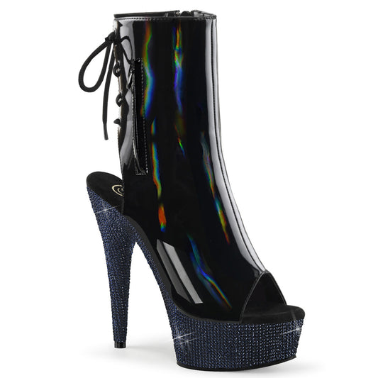 BEJEWELED-1018DM-6 Pleaser Black 6 Inch Exotic Bling Ankle Boots Blk Holo Pat Midnight Blk RS