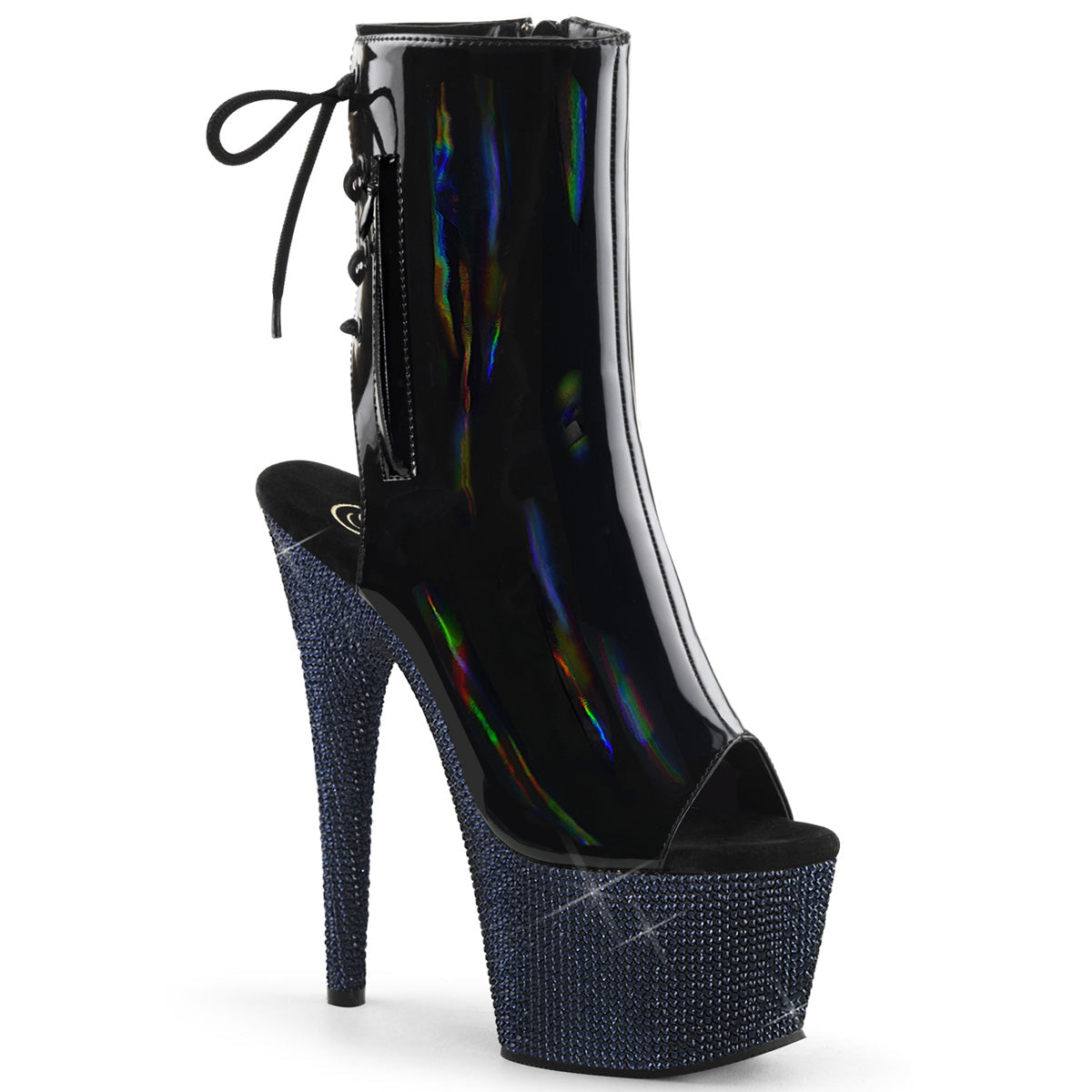 BEJEWELED-1018DM-7 Pleaser Black 7 Inch Dancing Bling Platform Boots Blk Holo Pat Midnight Blk RS