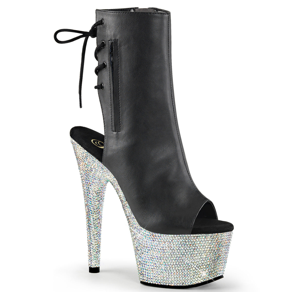 BEJEWELED-1018DM-7 Pleaser Black 7 Inch Rhinestones Ankle Boots Black Faux Leather Silver Multi Rhinestones