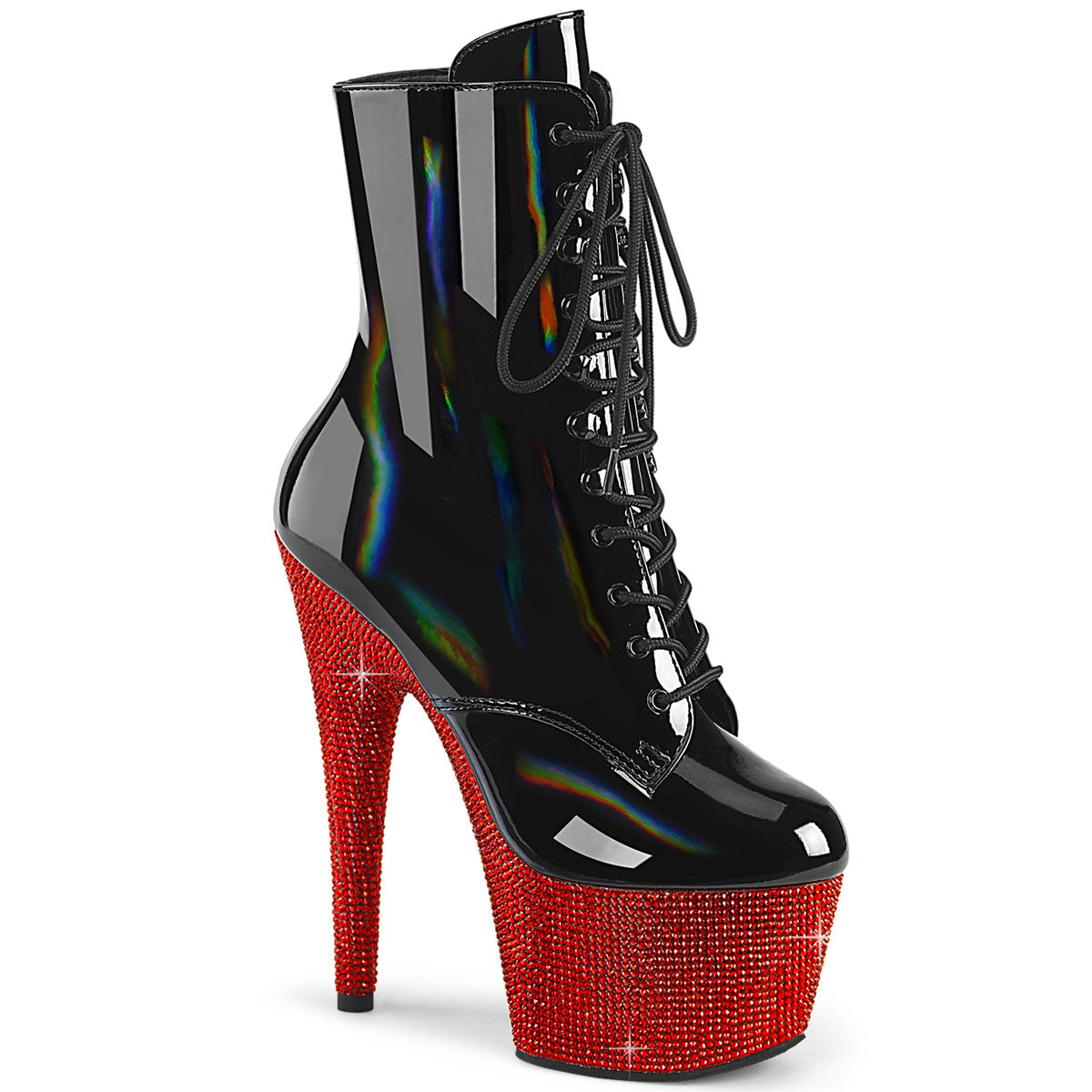 BEJEWELED-1020-7 Pleaser Black 7 Inch Pole Dance Ankle Boots Blk Holo Pat Red RS