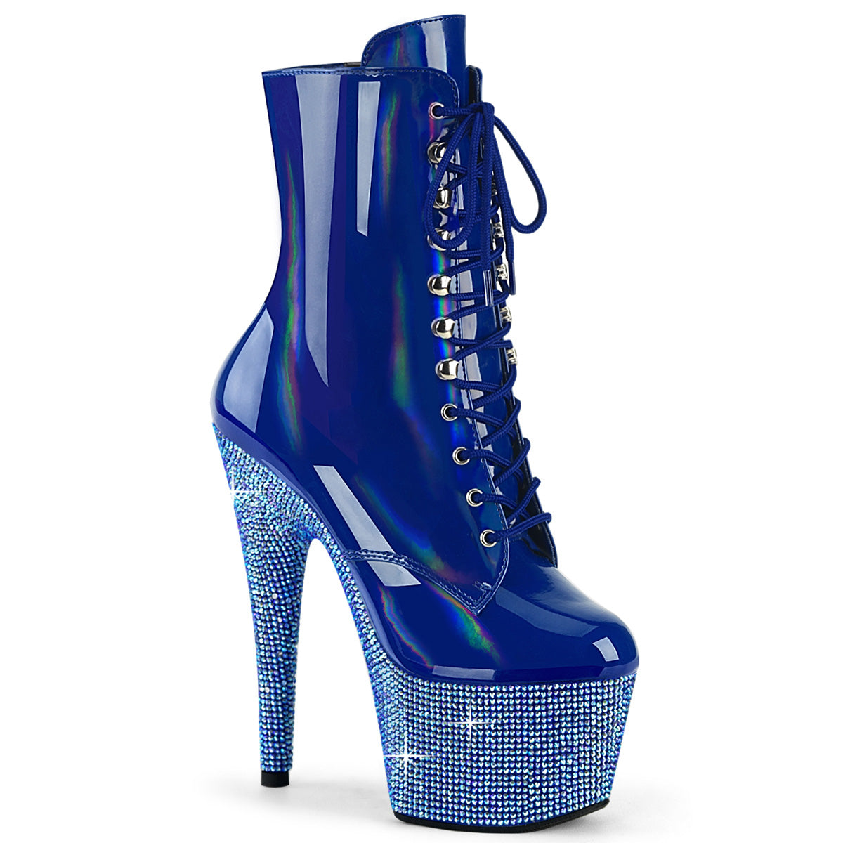 BEJEWELED-1020-7 Pleaser Blue 7 Inch Exotic Bling Boots Blue Holo Pat Blue AB RS