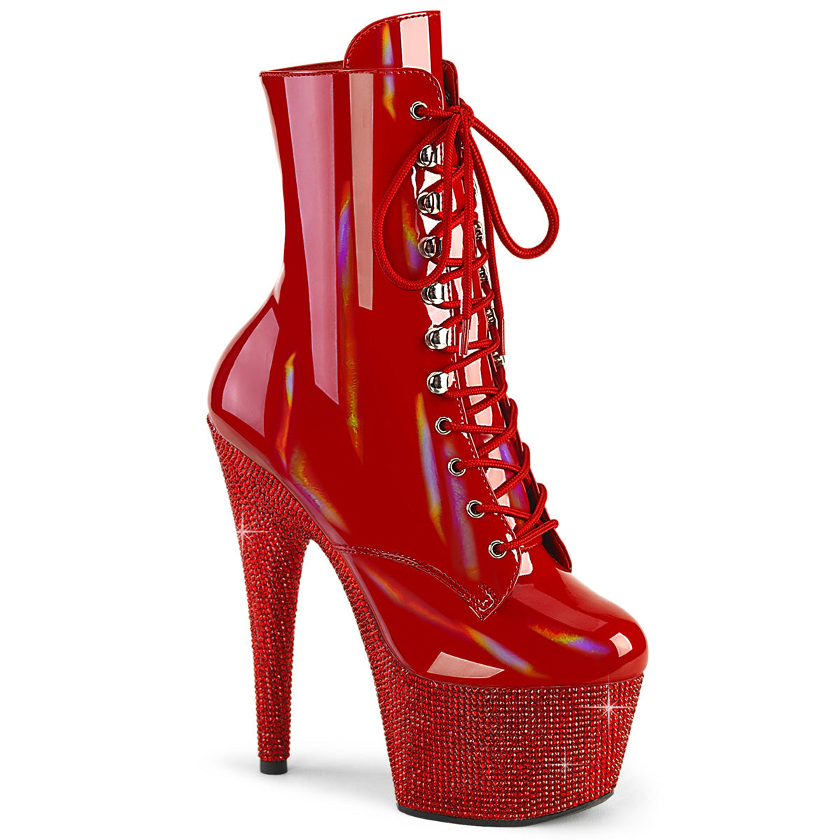 BEJEWELED-1020-7 Pleaser Red Holo 7 Inch Pole Dance Ankle Boots Red Holo Pat Red RS