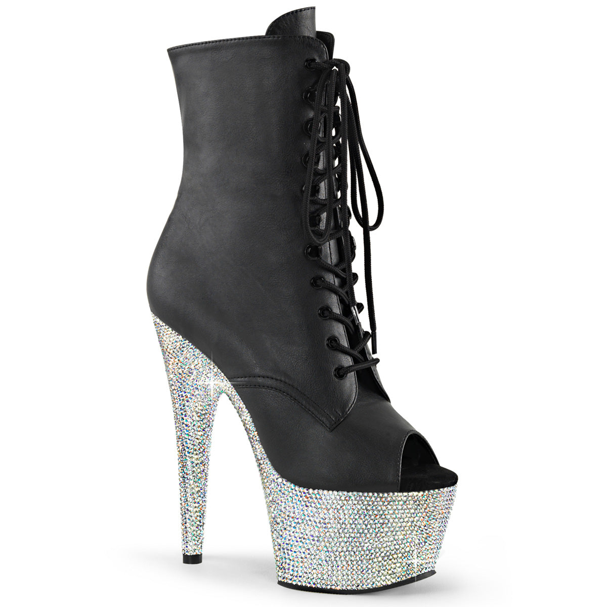 BEJEWELED-1021-7 Pleaser Black 7 Inch Pole Dancer Ankle Boots Blk Faux Leather Slv AB RS