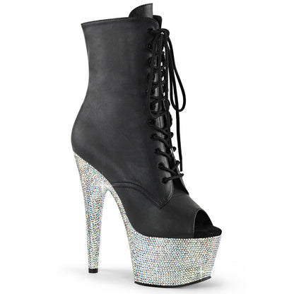 BEJEWELED-1021-7 Pleaser Black 7 Inch Pole Dancer Ankle Boots Blk Faux Leather Slv AB RS