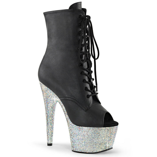 BEJEWELED-1021-7 Pleaser Black 7 Inch Pole Dancer Ankle Boots Blk Faux Leather Slv AB RS