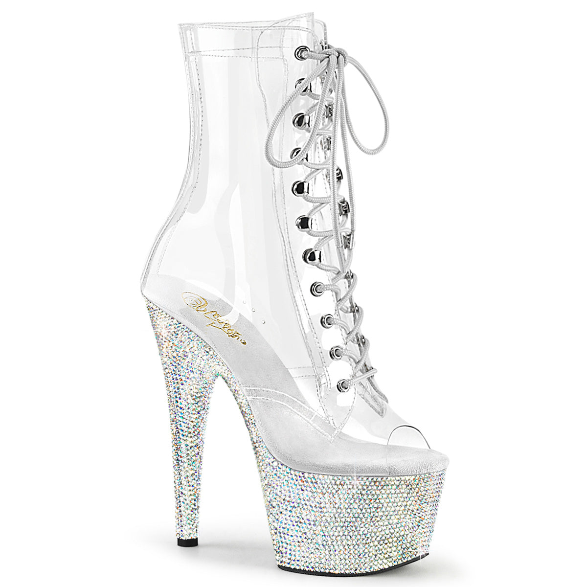 BEJEWELED-1021C-7 Pleaser Clear 7 Inch Glamour Models Ankle Boots Clr-RS Slv AB RS
