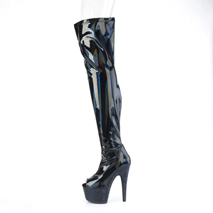 BEJEWELED-3011-7 Pleaser Black Faux Leather 7 Inch Dancewear Thigh High Boots