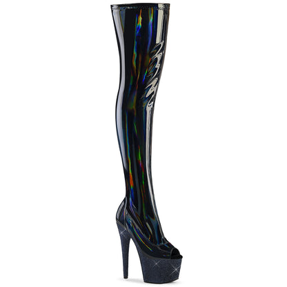 BEJEWELED-3011-7 Pleaser Black Faux Leather 7 Inch Dancewear Thigh High Boots Blk Str Holo Pat Midnight Blk RS