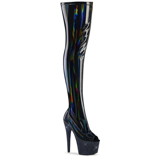 BEJEWELED-3011-7 Pleaser Black Faux Leather 7 Inch Dancewear Thigh High Boots Blk Str Holo Pat Midnight Blk RS