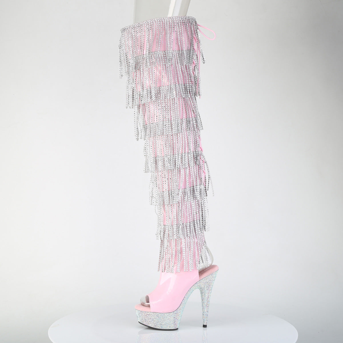 BEJEWELED-3017HG-RSF Pleaser Baby Pink Holo 6 Inch Showgirl Thigh High Boots