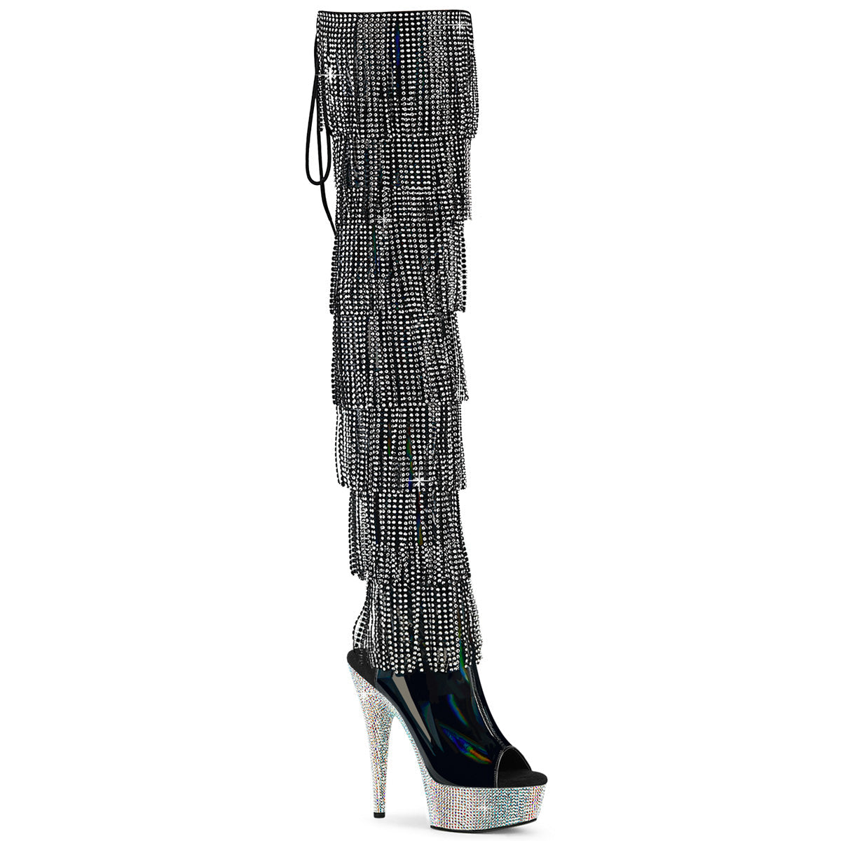 BEJEWELED-3017HG-RSF Pleaser Black Bling Tassel Thigh High Boots