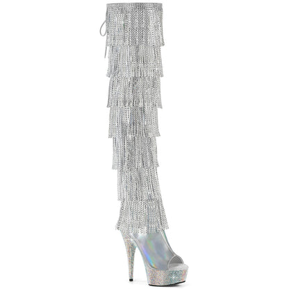 BEJEWELED-3017HG-RSF Pleaser Silver Holographic Bling Tassel Thigh High Boots