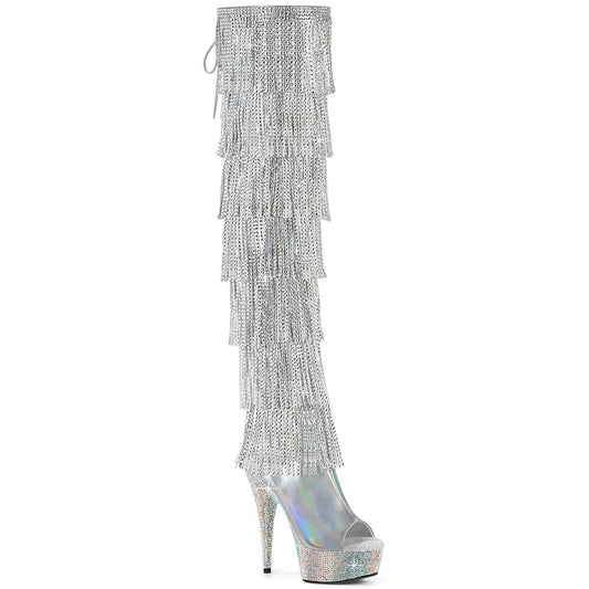 BEJEWELED-3017HG-RSF Pleaser Silver Holographic Bling Tassel Thigh High Boots